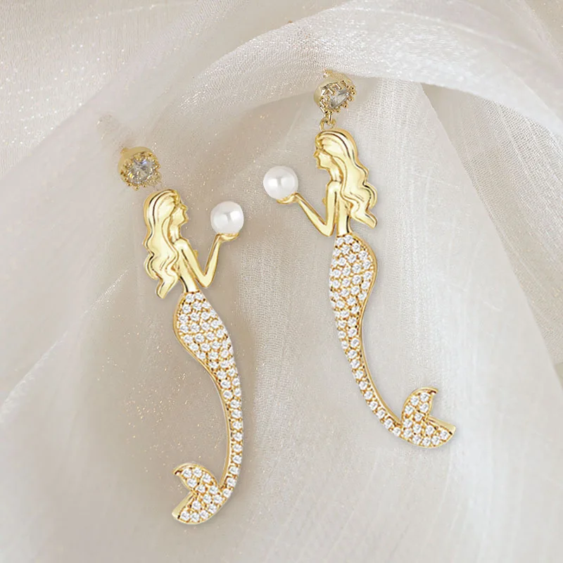 

Fashion Rhinestone Cartoon Mermaid Crystal Fishtail Pearl Eardrop Earrings For Women Ear Studs With Long Pendant