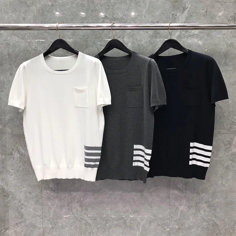 

Мужская Летняя трикотажная футболка в полоску, с круглым вырезом и рукавом до локтя