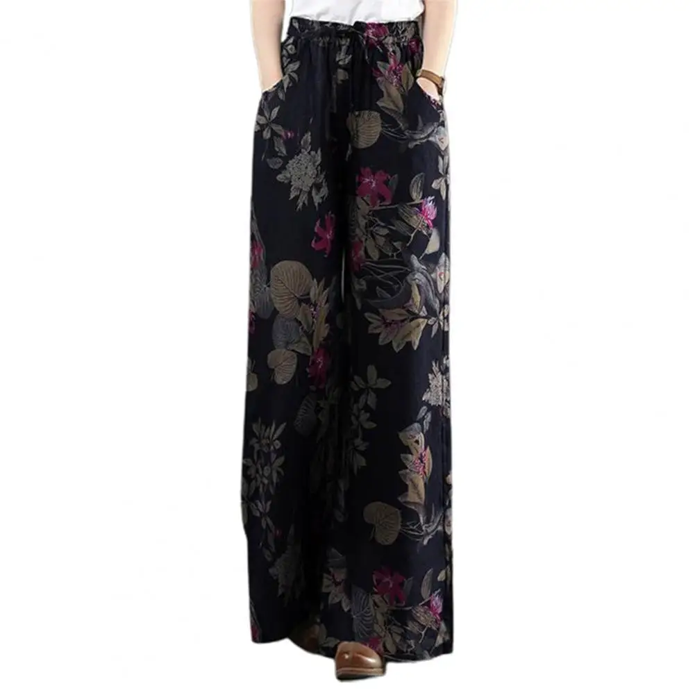 

pantalones de mujer Elastic Waistband High Waist Slant Pockets Woman Pants Retro Flower Print Wide Leg Pants Female Clothing