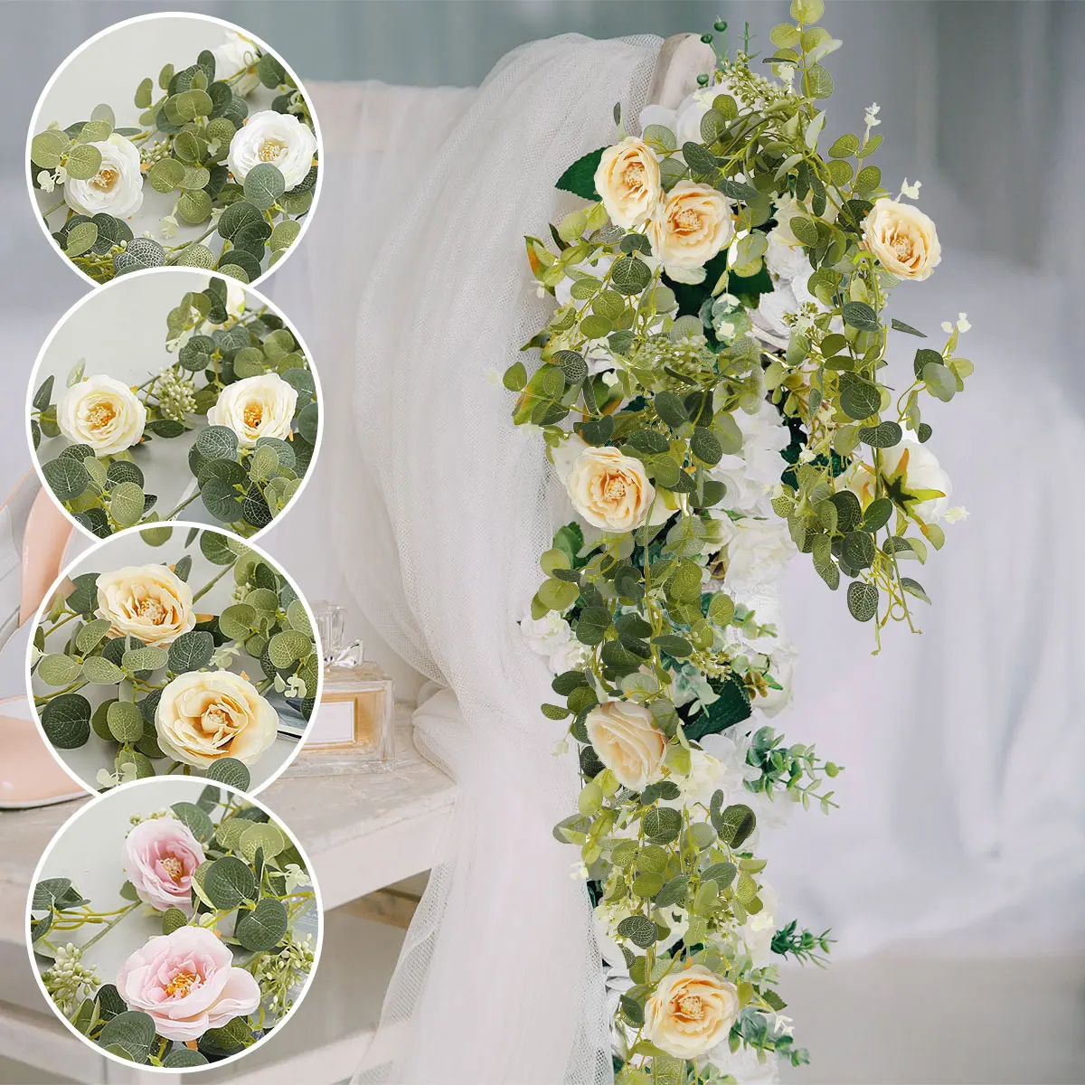 

2pcs Artificial Eucalyptus Garland 8 Flowers Simulation Camellias Vine Hanging Plant Rattan for Wedding Party Garden Home Decor