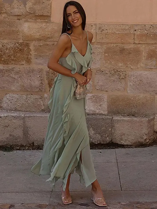 

Sweet Solid Women's Irregular Hem Suspender Dress Sexy V-necked Off Back Sleeveless Midi Robe 2023 Summer Lady Prom Chic Vestido