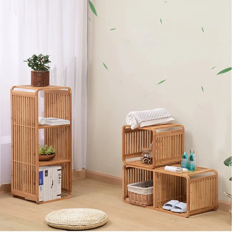 Simple Multifunctional Bamboo Bathroom Storage Shelves Bedside Table Floor Bookshelf Ins Bay Window Storage Flower Rack