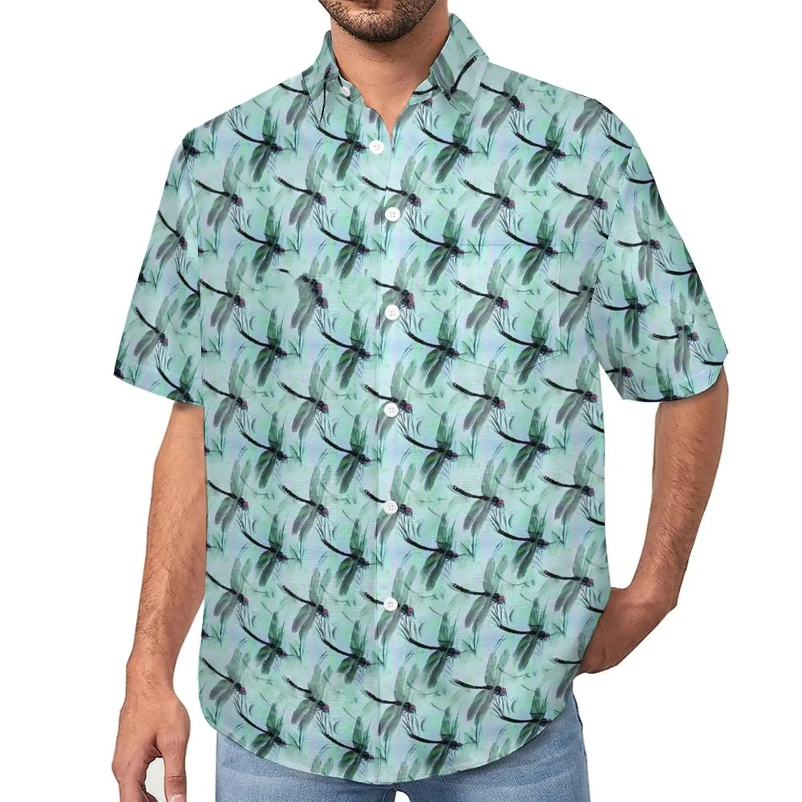 

Dragonfly Print Vacation Shirt Cute Animal Summer Casual Shirts Male Y2K Blouses Short Sleeve Graphic Top Plus Size