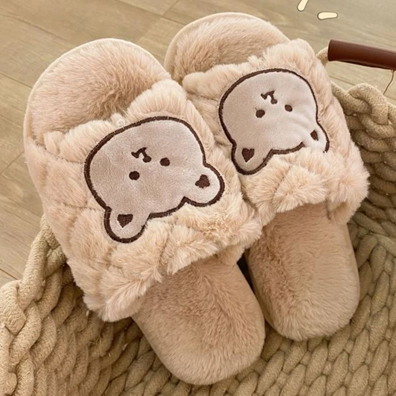 

Cute Bear Pattern Women Slippers Winter Indoor Rabbit Plush Soft Warm Plush Flat Shoes Non-slip 2021 Home Bedroom Floor Slippers