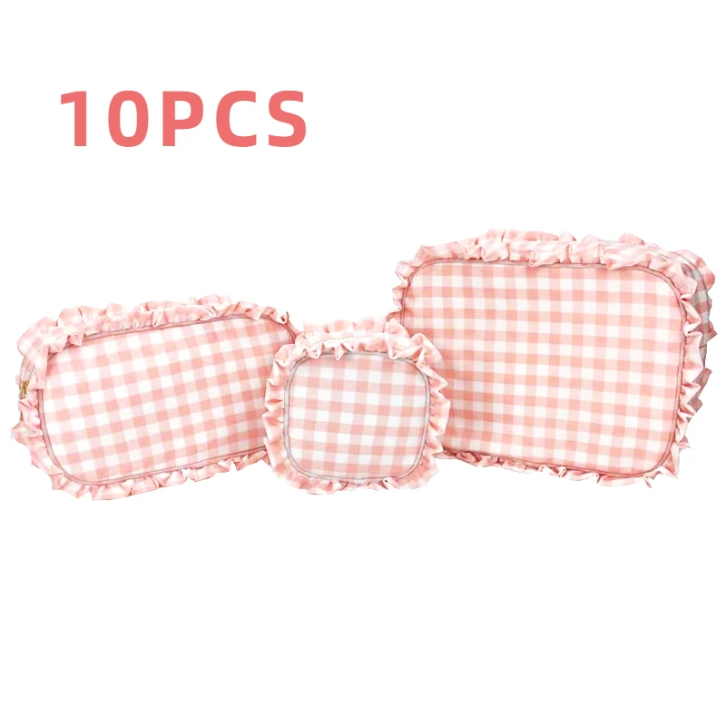 10PCS Ruffle Plaid Cosmetic Bag Letter Patch Personalized Nylon Pouch Toiletry Bag Chenille Patch Makeup Bag