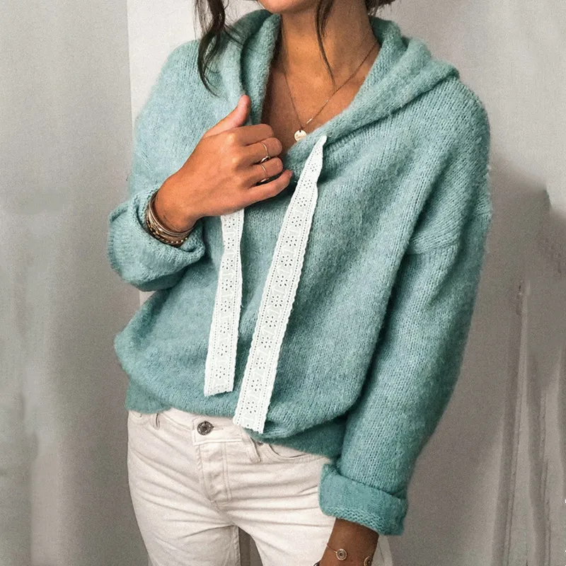 

Green Tops 2021 Women Autumn Winter Hoodies Long Sleeve Solid Lace Sweatshirt Casual Knitted Hooded Pullover Ladies Streetwear
