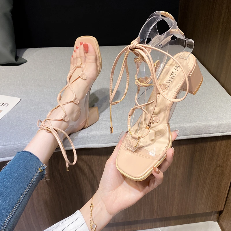 

Boho Summer Women Sandals Sexy Square Toe Transparent Ankle Straps Strap Chunky Med Heel Shoe Elegant Sandalias Para Mujeres