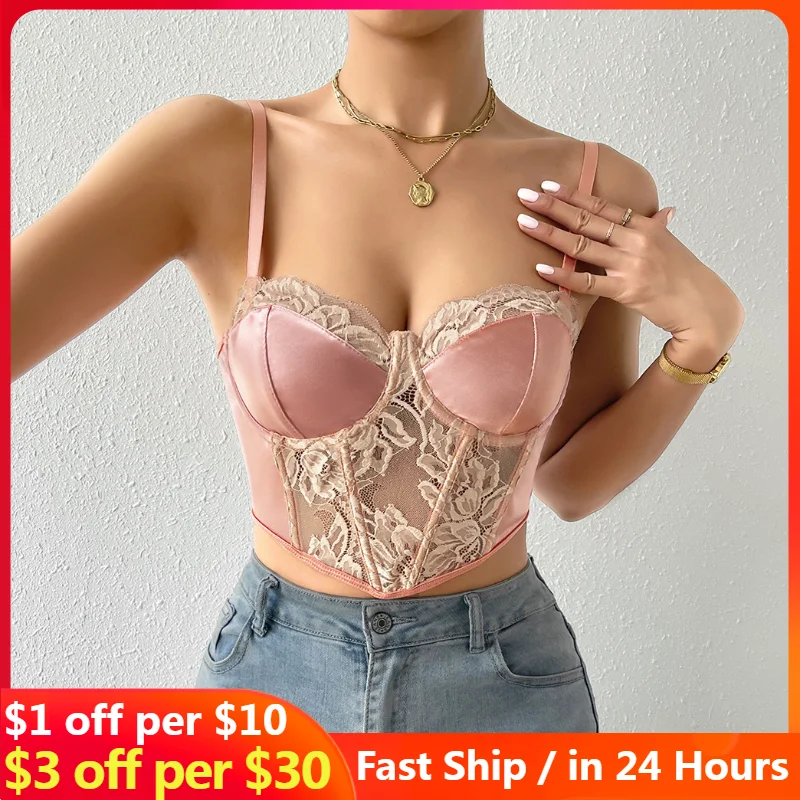 

Women French Print Camisole Wire Hollow-Out Sexy Fahsion Backless Spaghetti Strap Sleeveless Bralette Top Female Lace Top Summer