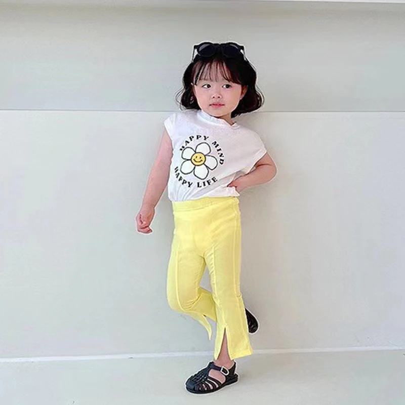

Summer Girls Pants Baby Trousers Kids Flare Pants For Toddler Children Streetwear Bottoms Slit Skinny Stretchable 1-7Y