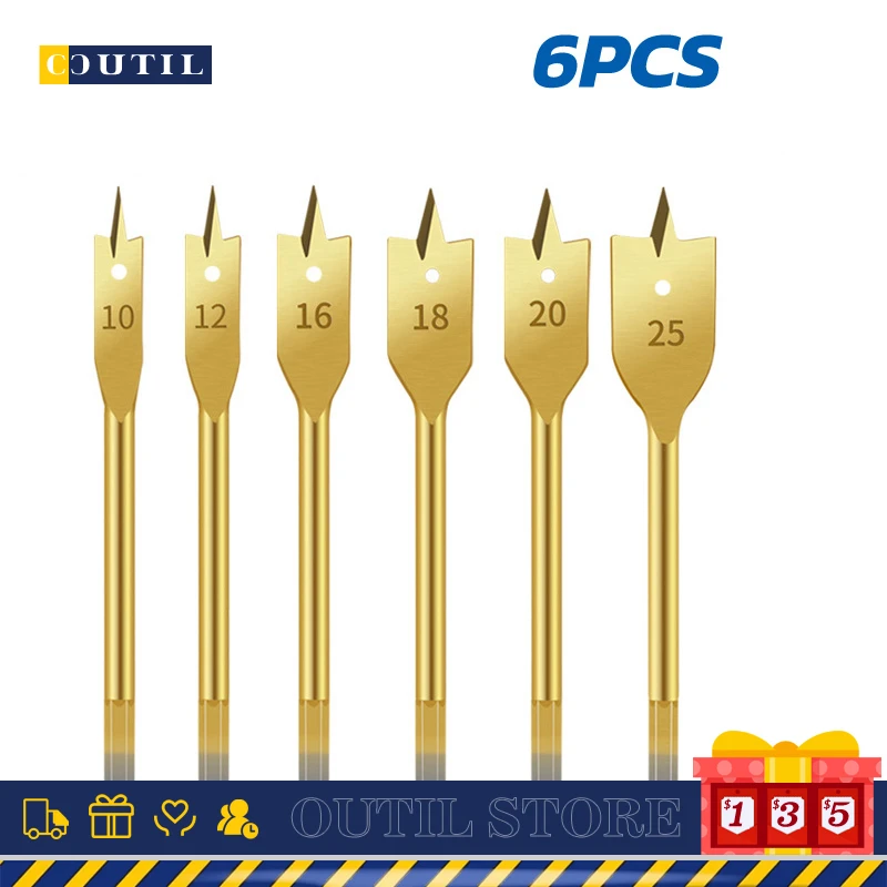 

6pcs Titanium Plated Woodworking Flat Drill Electric Drill Accessories Wood Puncher 10/12/16/18/20/25mm Durable Spade Drill Bits