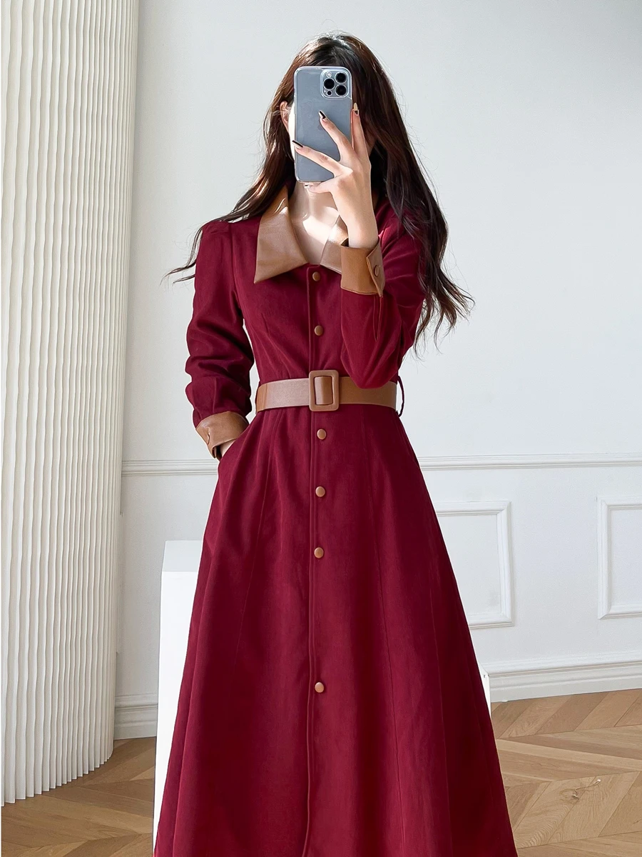 RosEvans Red Women Hepburn-style Corduroy Single Breasted Dress Long Vintage Lapel Neck Long Sleeve Fashion Autumn Winter 2023