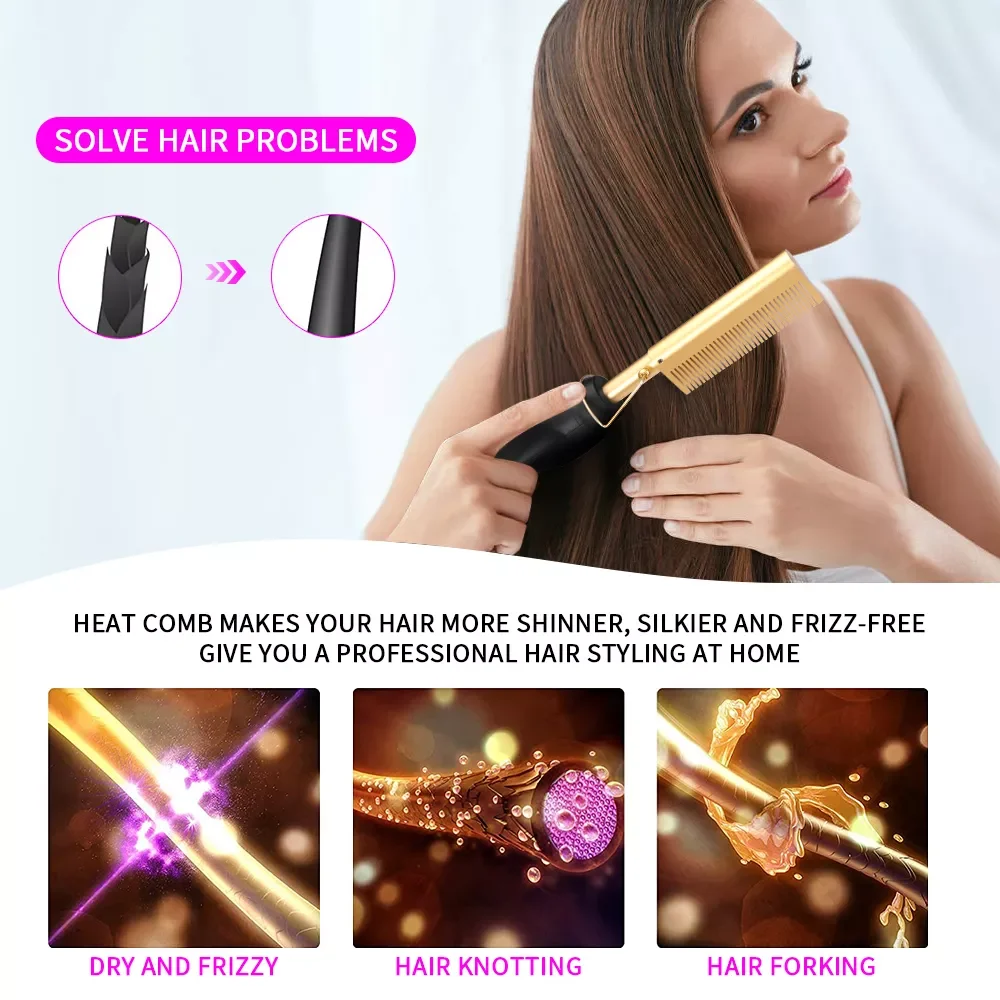 

in 1 Hot Comb Straightener for Wigs Straightening Brush Electric Flat Iron Hair Straightener Brush Hair Curler Styling Tools