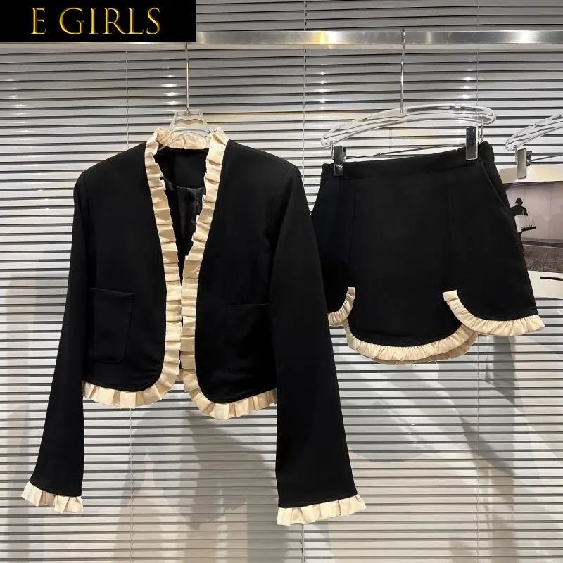 

J GIRLS 2022 Autumn New Arrivals Ruched Ruffles Black Coat Jacket Short Irreguplar Skirt Two Piece Set Women Outfits GG219
