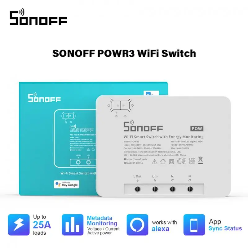 

SONOFF POWR3 WiFi Smart DIY Switch 25A 5500W Power Metering Overload Protection Energy Saving EWelink APP Alexa Voice Conrol