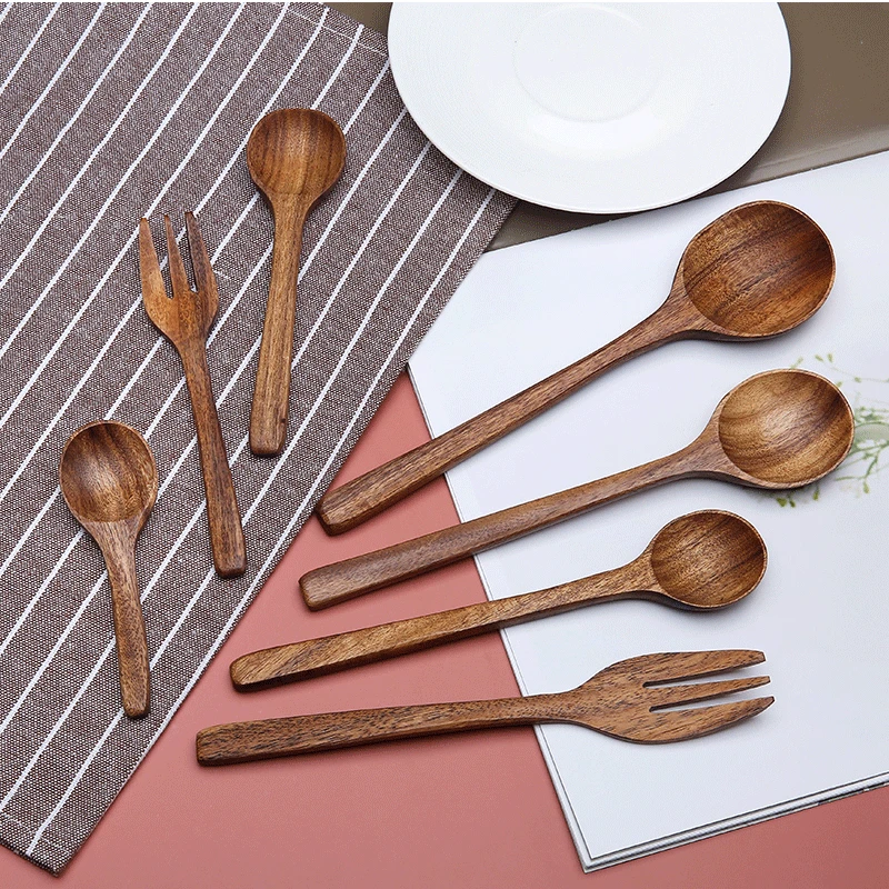 Wooden Spoon Fork Acacia Wooden Tableware Japanese Style Fork Spoon Household Unpainted Wooden Food Utensil Vegetable Oil Craft