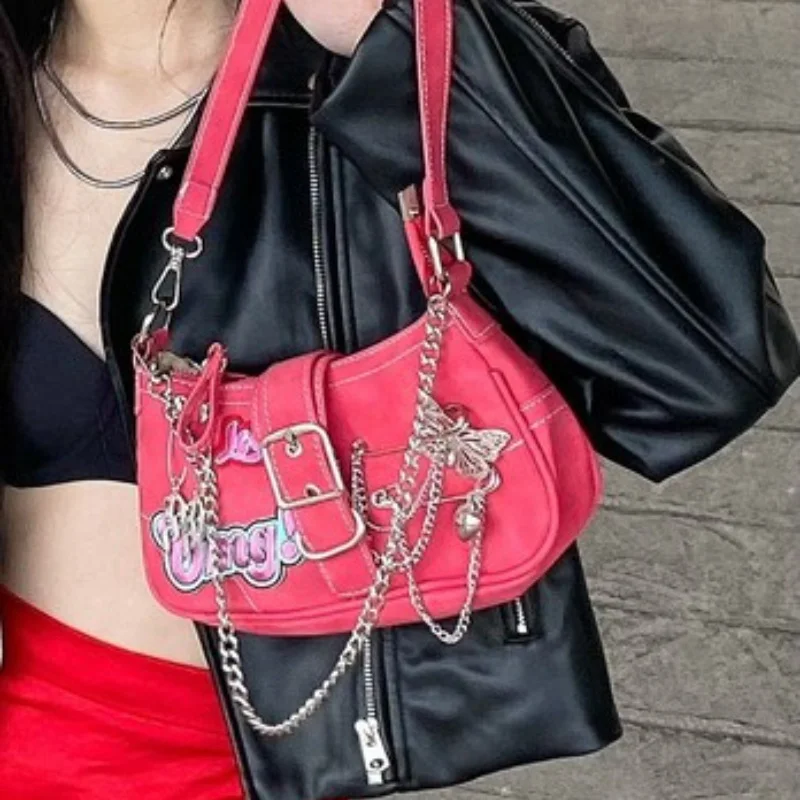 

Fashion Y2K Spice Girls Shoulder Bag Gothic Street Cool Handbags Purse Hip Hop Punk Personality Armpit Bag Chain Pink Female Bag