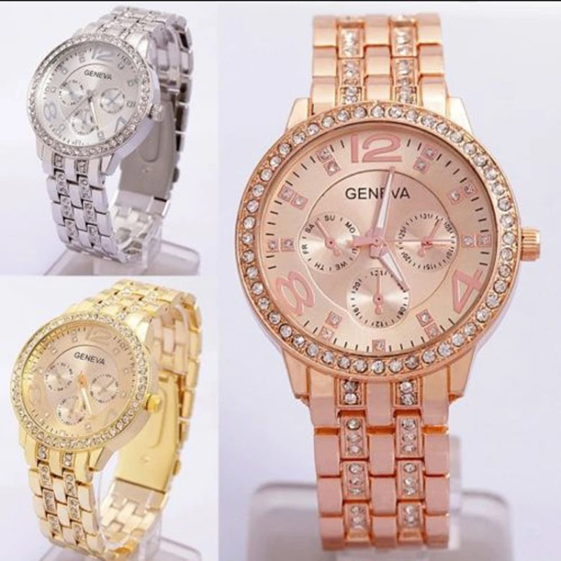 Luxury Female Watch Geneva Women Golden Steel Quartz Watch Military Crystal Casual Wrist Watches Rhinestone Relogio Feminino