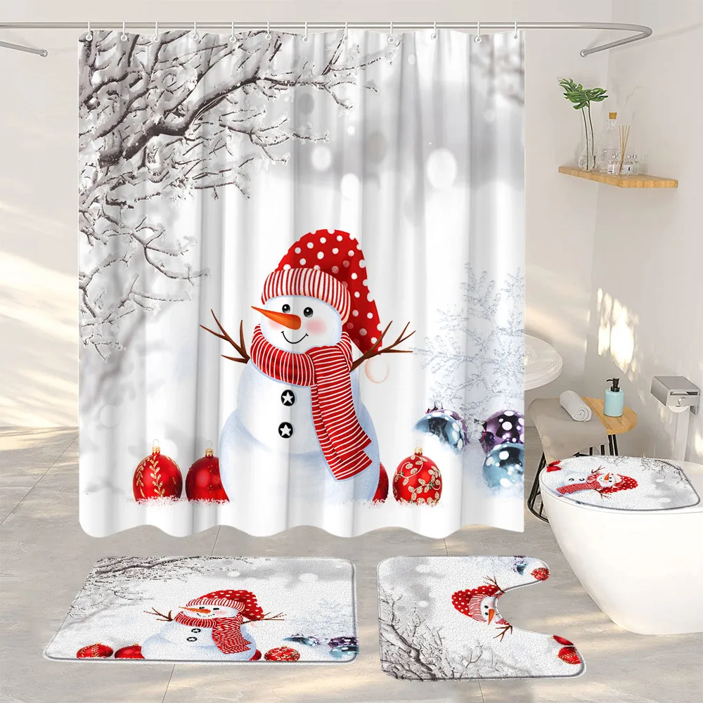 

Merry Christmas Shower Curtain Set Winter Snow Snowman Xmas Ball Santa Claus Fabric Bathroom Decor Bath Mat Rug Toilet Cover