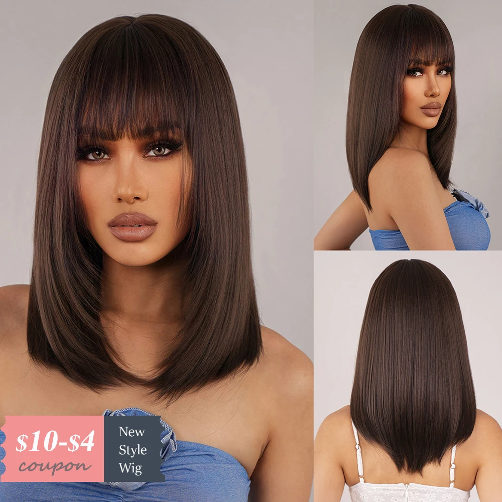 Black Brown Synthetic Bob Wigs Shoulder Length Straight Wig with Bangs Daily Cosplay Short Hair Wig for Women Heat Resistant