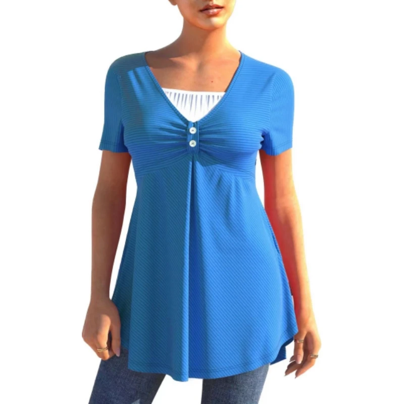 

Summer V Neck Button Splice Short Sleeve Plus Size Women's T-shirt Elegant Solid Color Pullover Tops Casual Office Female Tees