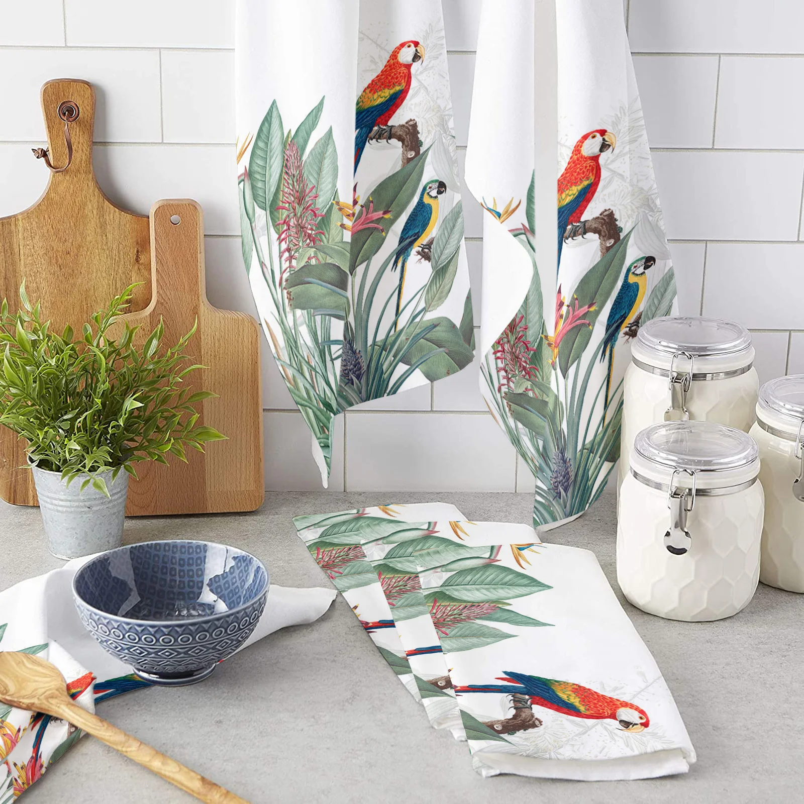 

Ins Style Tropical Plants Parrot Kitchen Towel Absorbent Dish Cloth Tableware Towel for Kitchen Household Cleaning Tool