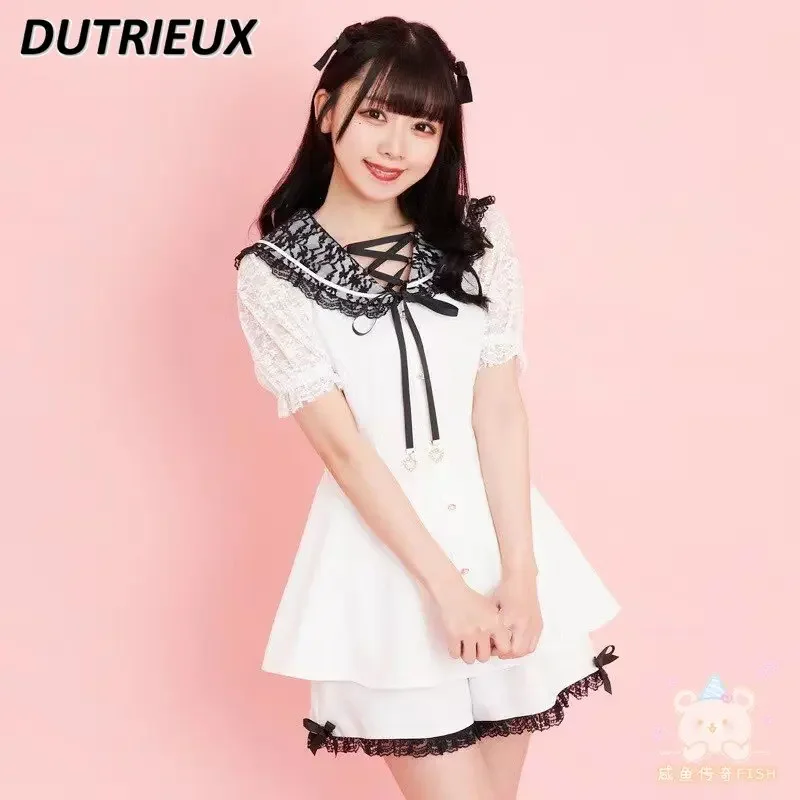 

Lolita Sweet Strap Love Pendant Sailor Collar Lace Tops Mine Series Mass-Produced Short Sleeve Tops + Shorts Two Piece SC Suit