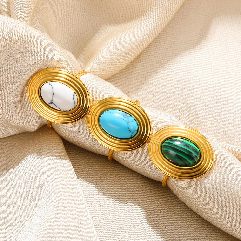 

Bohemian Large Oval Natural Stone Rings For Women Vintage Stainless Steel Ring Personalized Fashion Party Jewelry Gift Wholesale