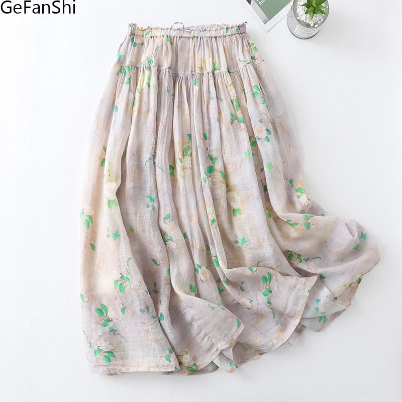 

2023 New Summer Korean Print Soft Thin Casual Loose Womens Elastic Waist Skirts A-line Skirt Female Fashion Elegant Clothing