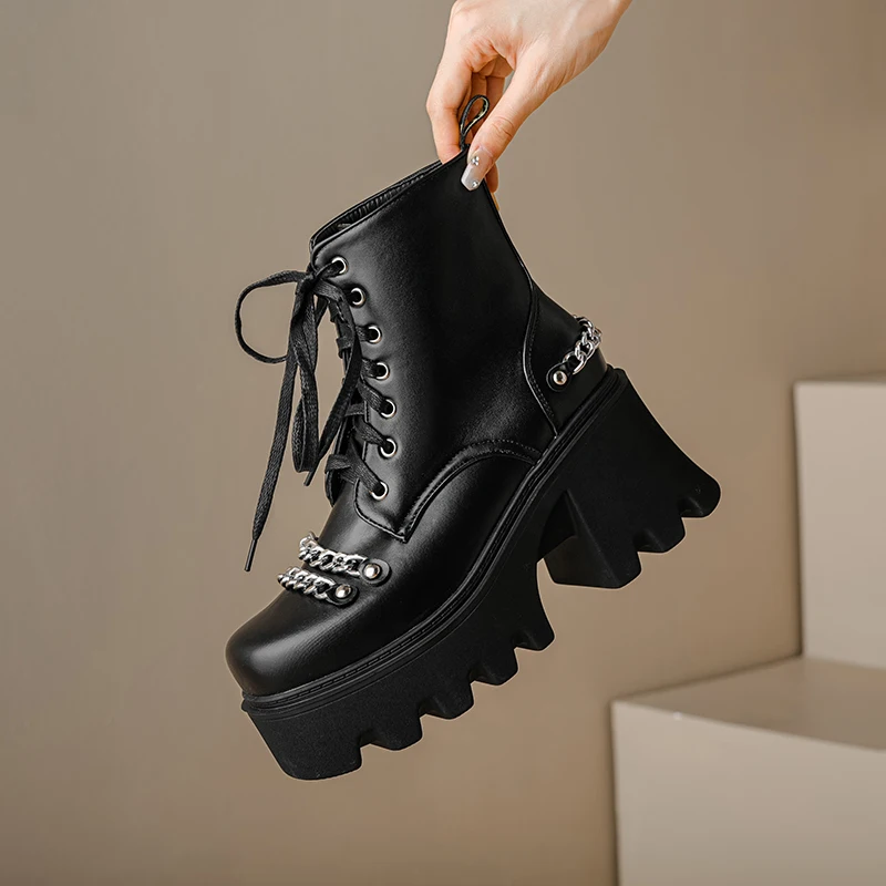 Ranbetty Ankle Boots For Women Chunky High Heels Boots PU Thick Platform Square Toe Black Punk Chains Combat Lady Boots