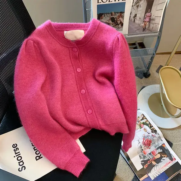 

Женский вязаный кардиган в стиле ретро, розово-красный Свитер оверсайз в стиле оверсайз, осень 2022