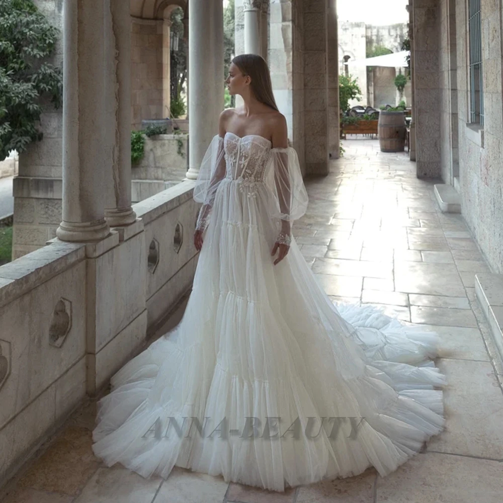 

Anna Charming A Line Wedding Dresses For Women Long Sleeves Sweetheart Appluques Zipper Tulle Court Train Vestidos De Novia 2023