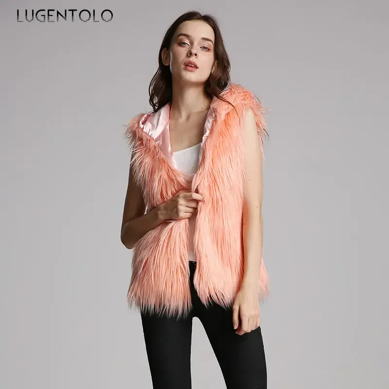 Женская безрукавка из искусственного меха кардиган с капюшоном на осень и зиму