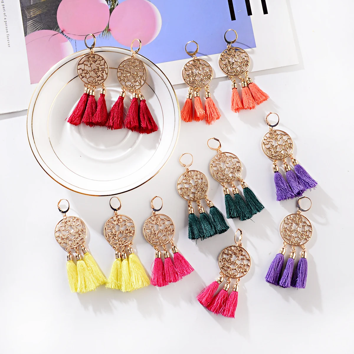 

1Pair New Fashion Bohemia Tassel Earrings Alloy Round Hollow Colorful Dangle Fringe Drop Women Jewelry Accessories