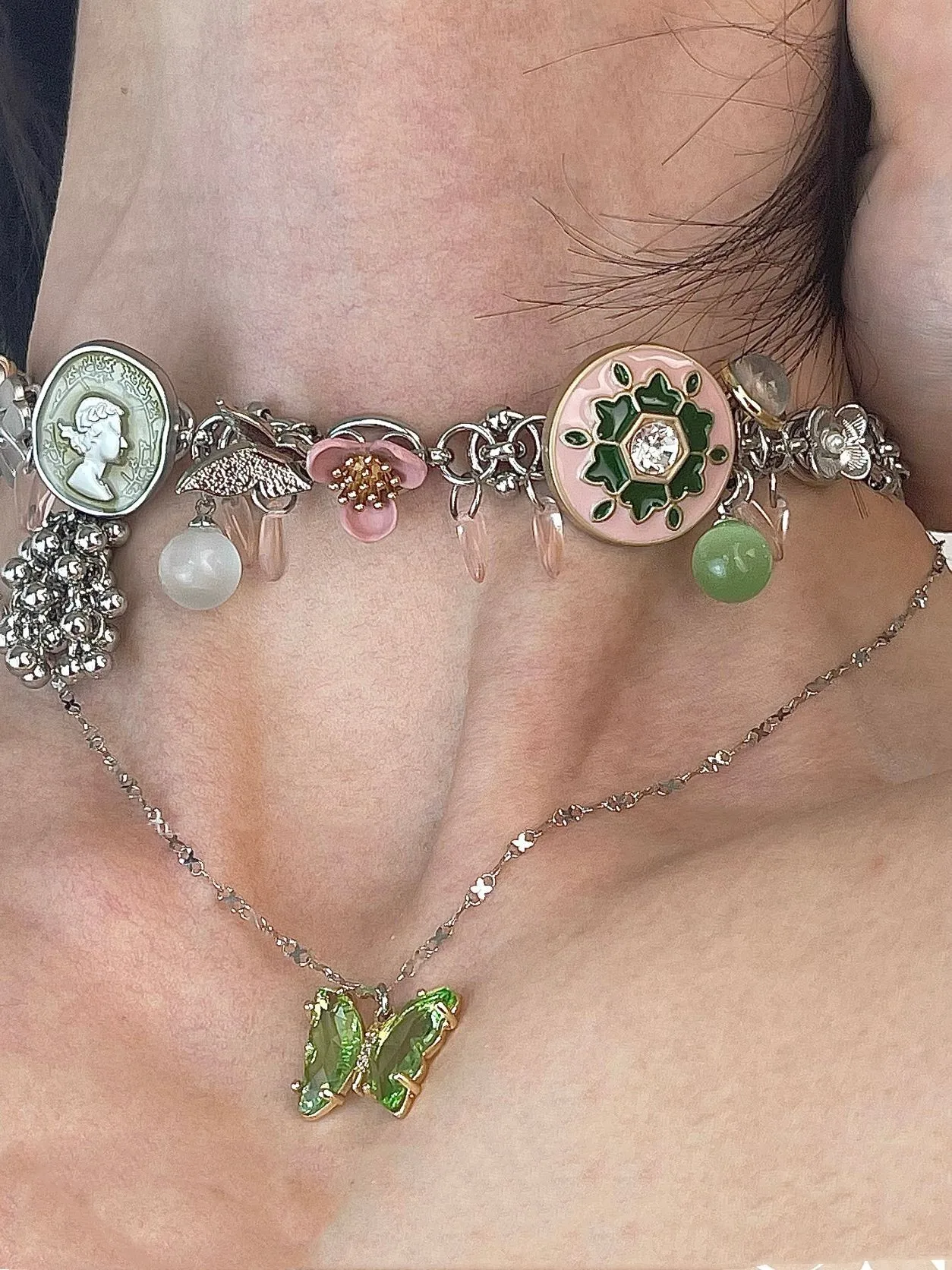 HUANZHI Новое зеленое винтажное Двухслойное ожерелье Цветочная Бабочка из циркона