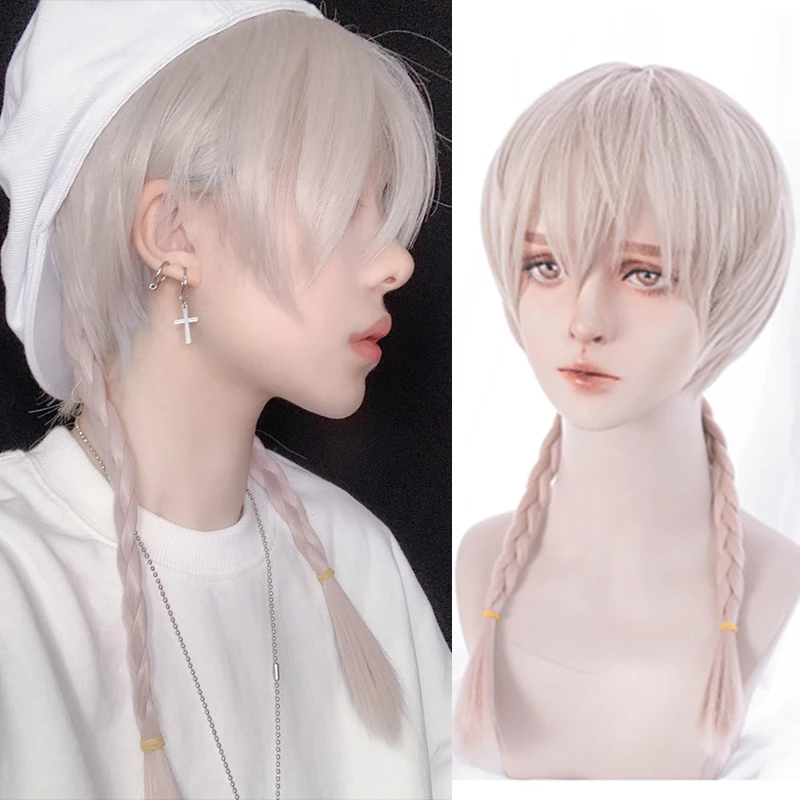 XG Synthetic Moonlight White Gradient Light Pink Short Hair Cosplay Lolita Anime Wig With Bangs Cool Boy Girl Ponytail Wig