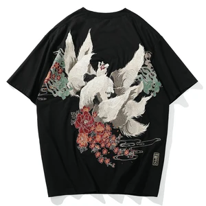 Japanese Yokosuka embroidered Nine Tailed Fox short sleeve T-shirt personality trend pure cotton loose half sleeve men's wear