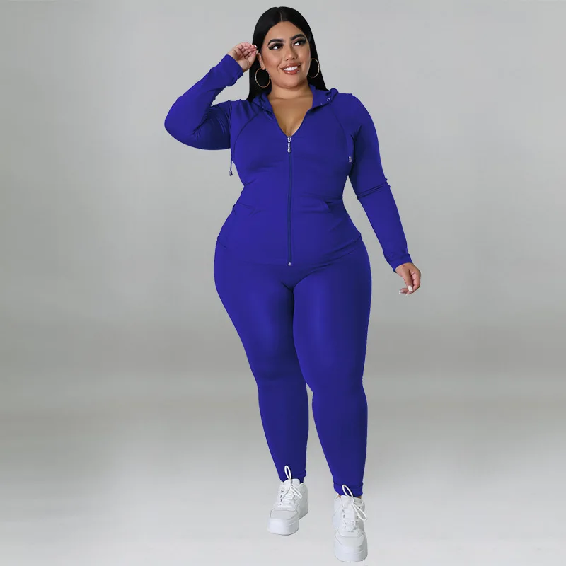 Plus Size Jumpsuits Solid Zipper Hooded Long Sleeve Tights Plus Size Women Clothing Sporty Slim Fit Matching Set Elastic Waist
