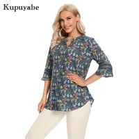 kupuyabe womens shirt summer polyester printed shirts 34 sleeves womens casual fashion ladies tops