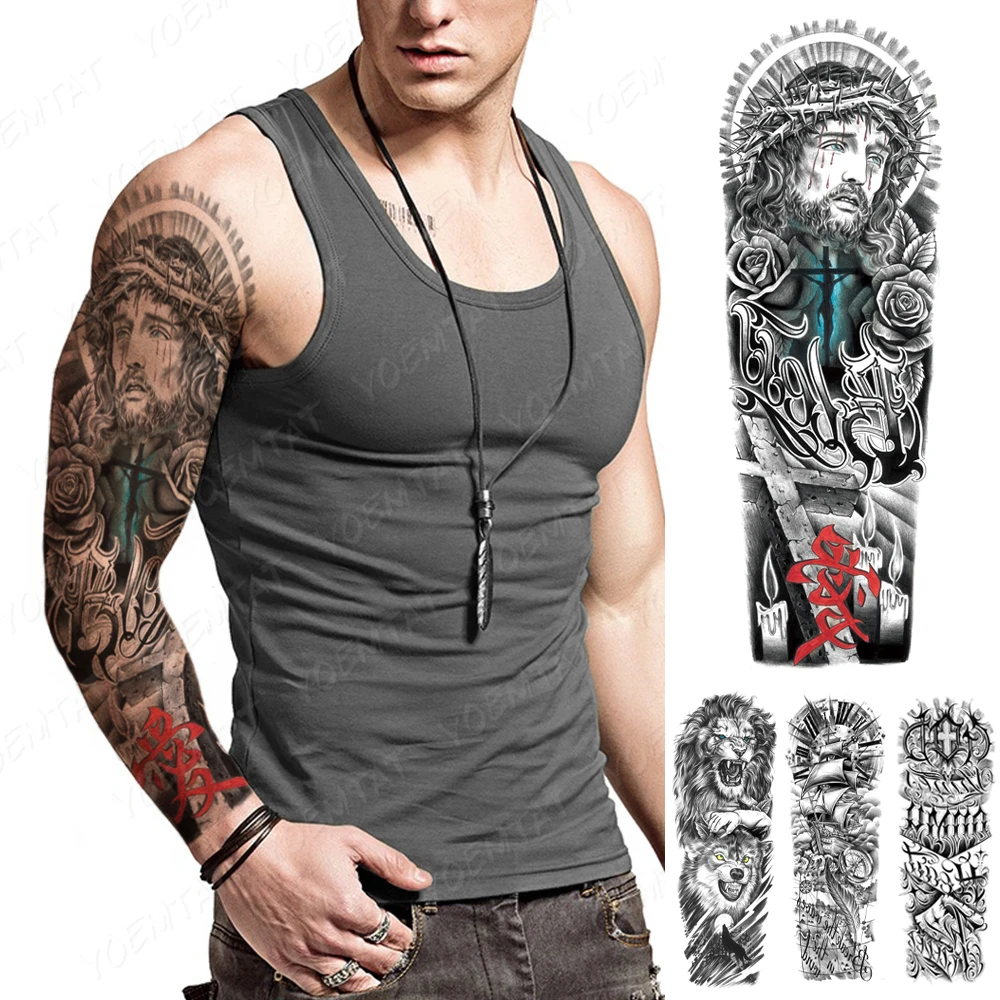 

Large Full Arm Sleeve Waterproof Temporary Tattoo Sticker Thorns Bleeding Jesus Rose Cross Candle Men Women Body Art Fake Tatto