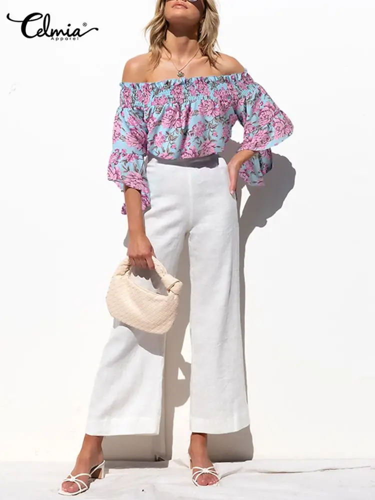 

Комплект летних брюк Celmia с цветочным принтом, топ с открытыми плечами и однотонные брюки, женские повседневные свободные элегантные компле...