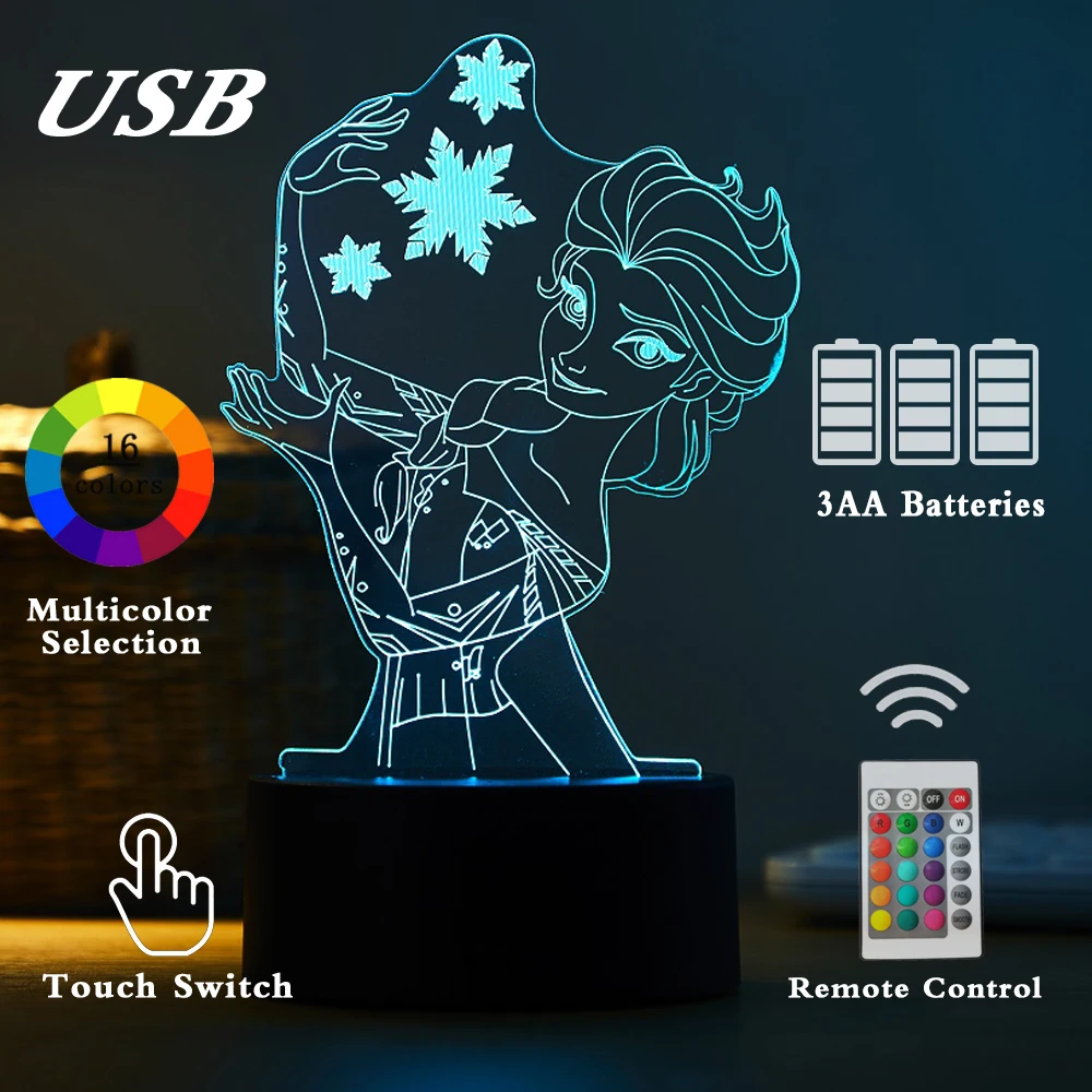 

Disney Frozen Night Light Decorative Baby Lamp Luminaria Led Usb Anime Girl My Hero Academia Figure Attack On Titan 3d Lampe