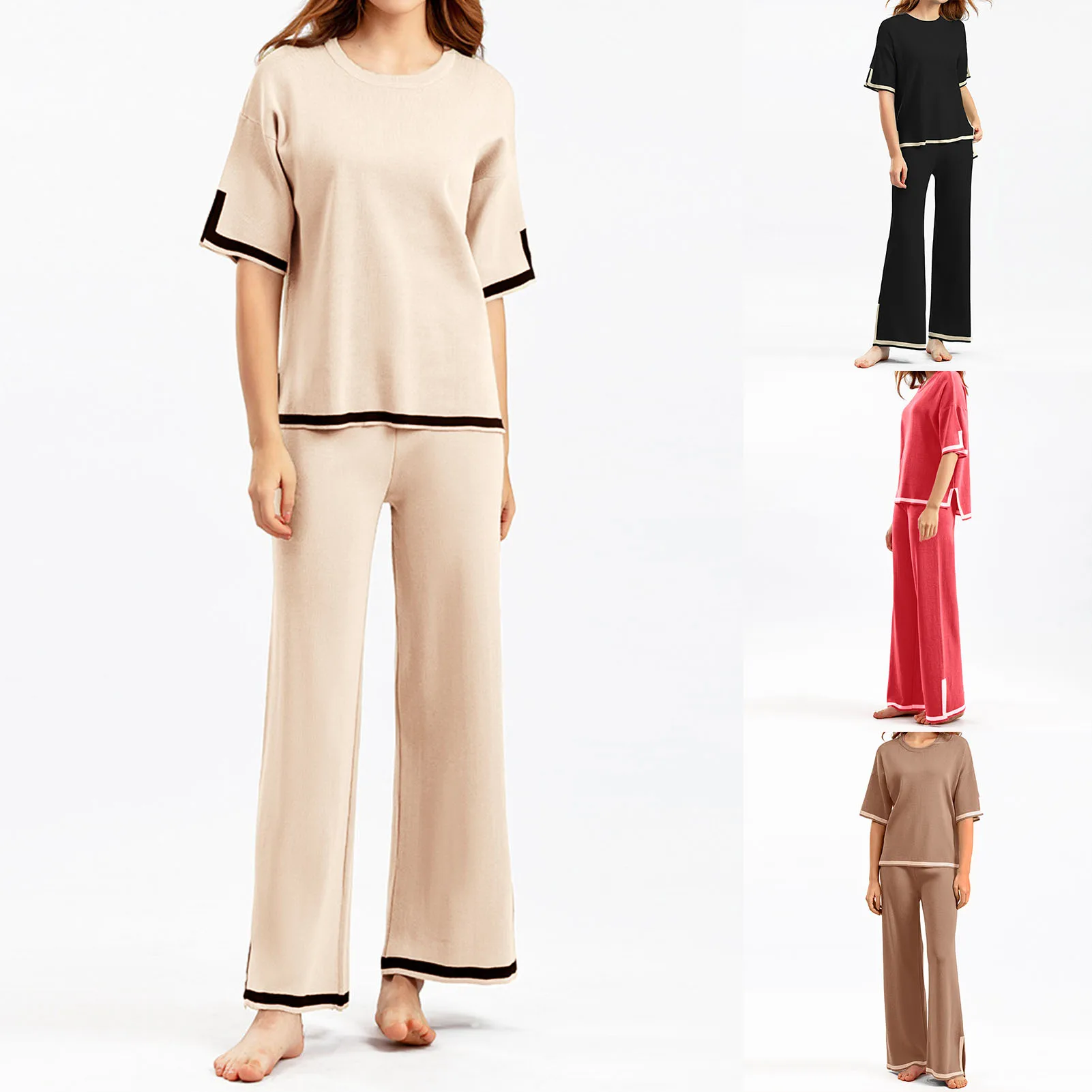 

Two Piece Set Elegant Pants Sets Ice Knitted Summer Outfits For Women 2023 Crew Neck Short Casual Sleeve Pajama Suit Oversized