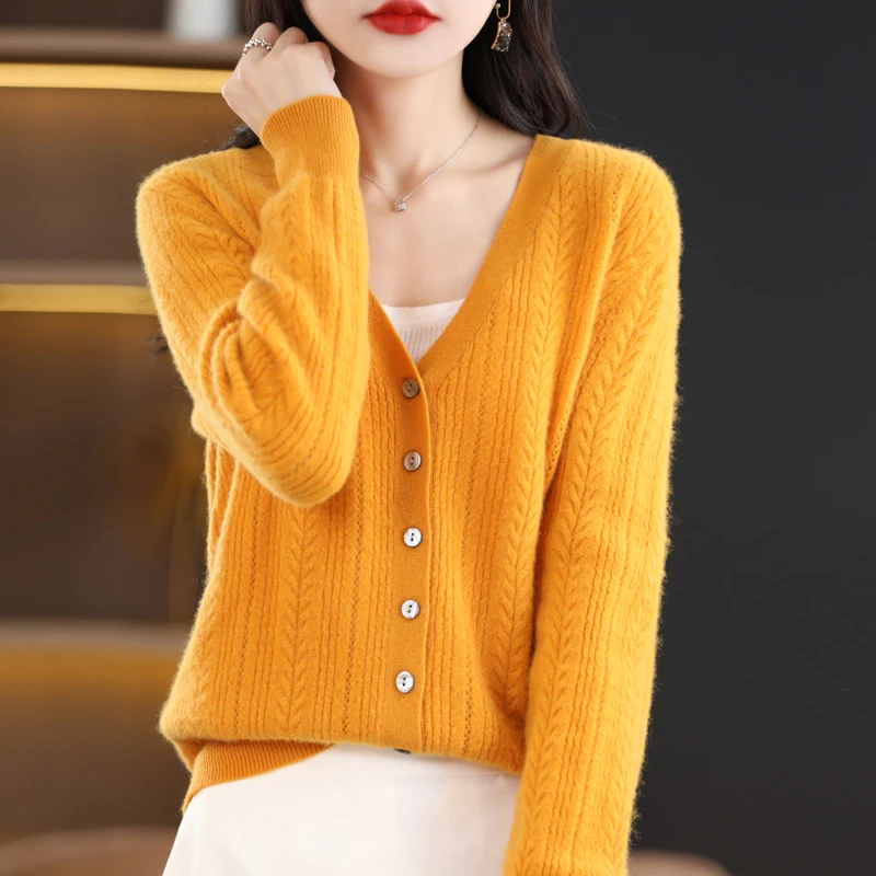 

Женский трикотажный кардиган с V-образным вырезом, однотонный шерстяной кашемировый свитер в Корейском стиле, весна-осень 100%