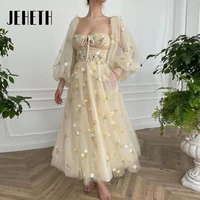 jeheth light yellow square neck prom dress long puff sleeve embroidery tulle evening gown a line ankle length vestidos de fiesta