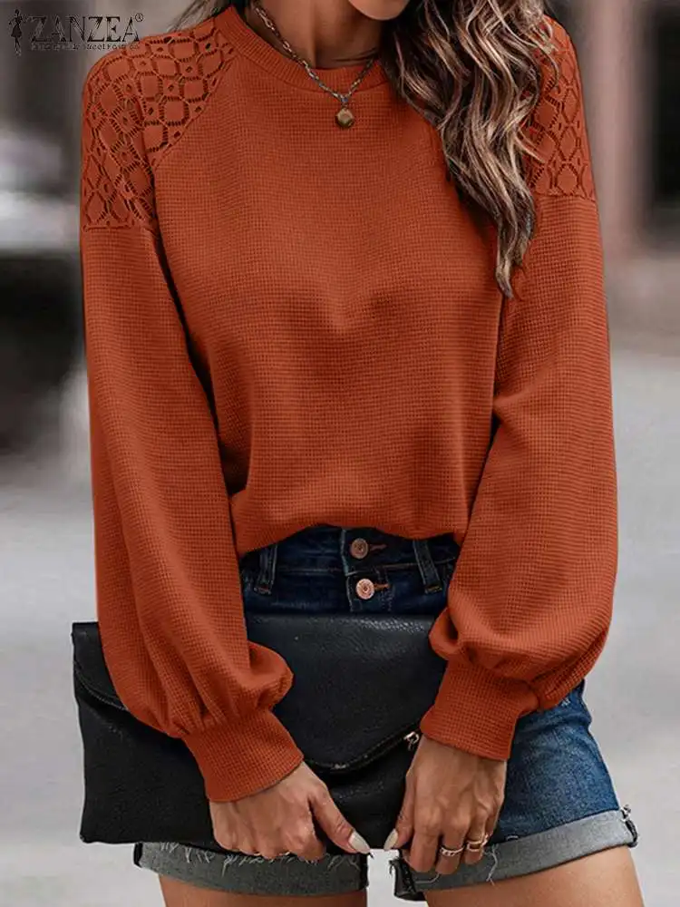 

Модная кружевная блузка ZANZEA, женские топы с длинным рукавом, винтажные вязаные туники с круглым вырезом, осень 2022, повседневные свободные од...