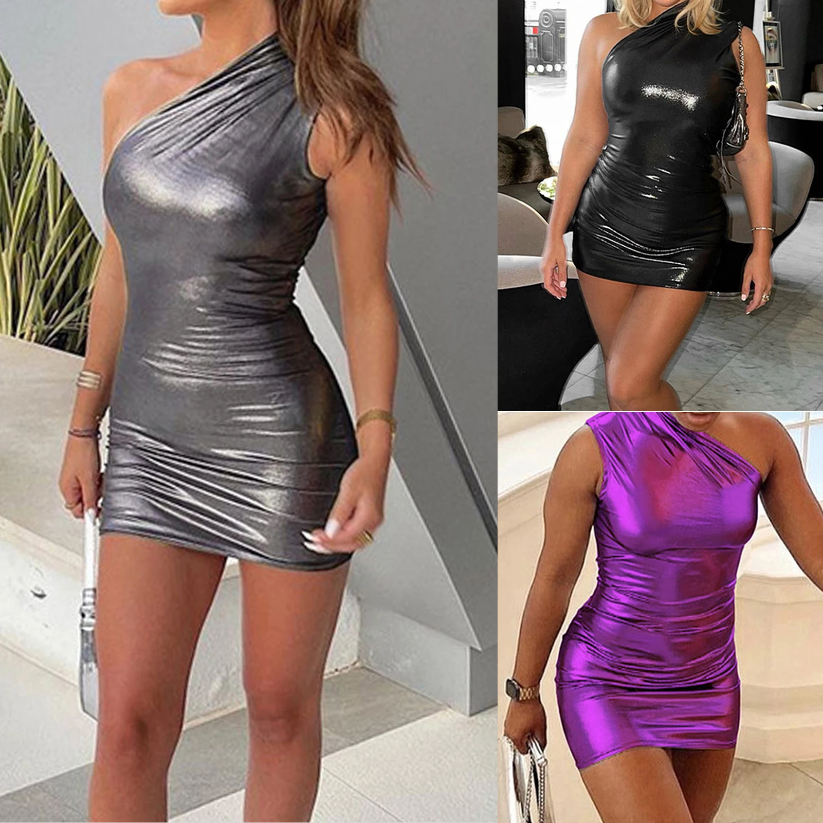 

Sexy Sheath Mini Dress Bronzing Shiny Bodycon Evening Dress Women One Shoulder Neck Sleeveless Slim Fit Fashion Nightclub Wear