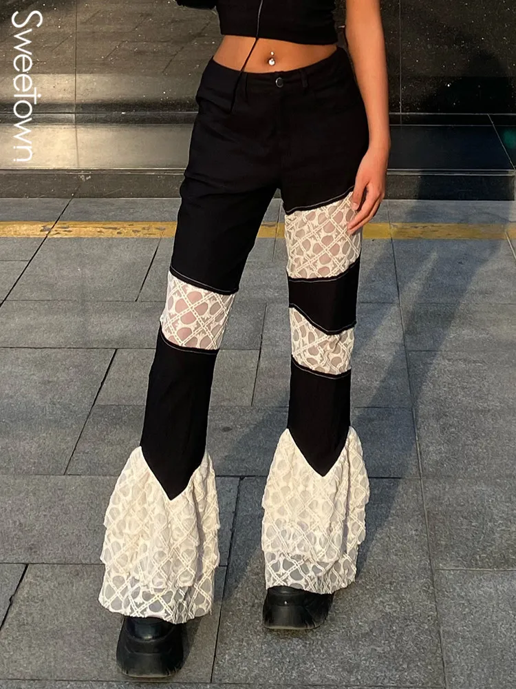 

Sweetown Contrast Lace Patchwork Y2K Flared Pants Women Low Waist Casual Streetwear Trousers Korean Fashion Black Grunge Joggers
