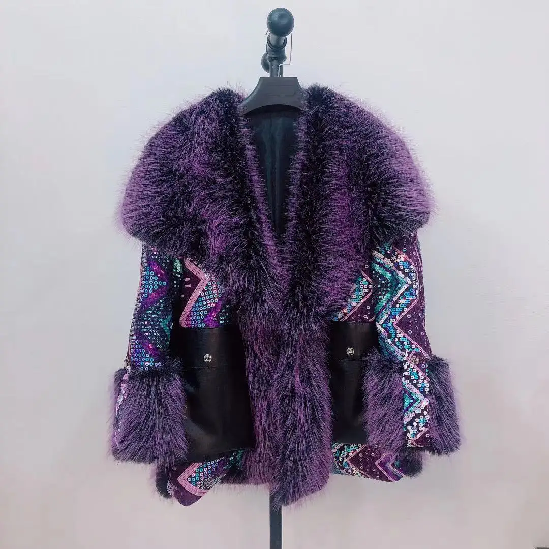 Female Winter Clothing Women's Coats on Offer with Free Shipping 2022 Woman Purple Artificial Fur Sequins Fur Lamb Wool Jacket