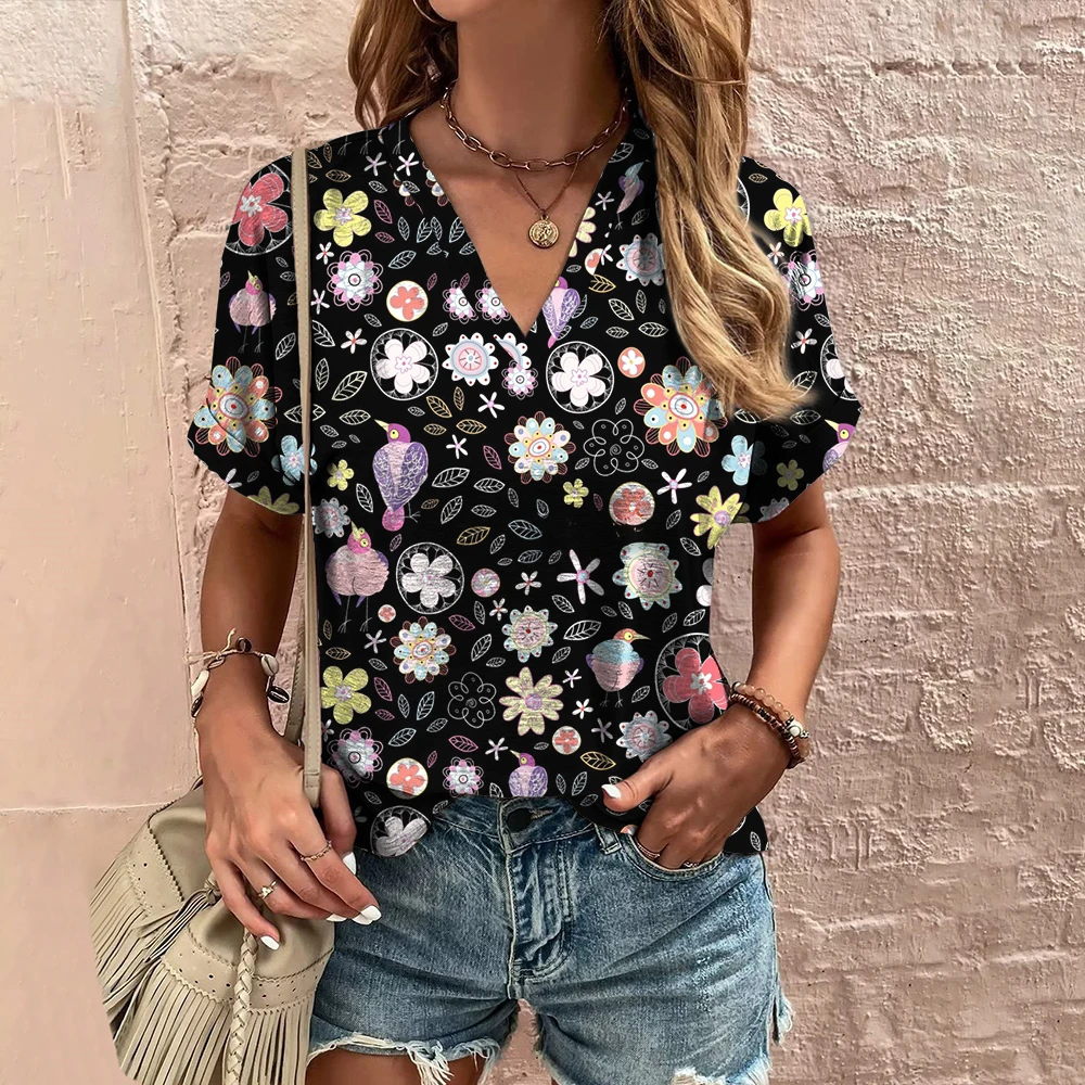 

Summer Women's T-Shirt Ethnic Printed Short Sleeve Fashion V-Neck Tee Shirt Casual Harajuku T Shirt for Ladies Streetwear 2023
