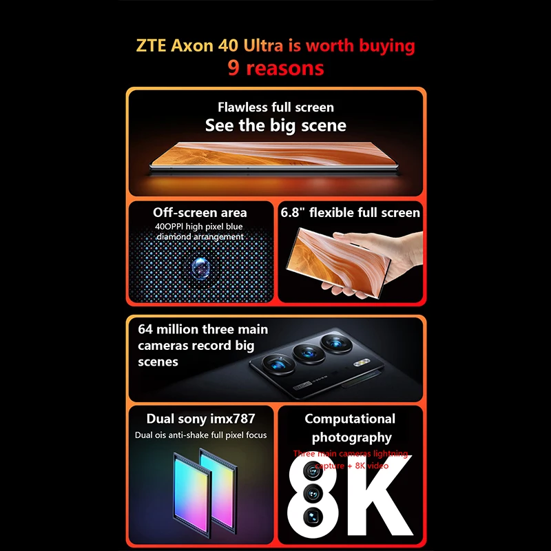 Tanie Telefon Komórkowy ZTE Axon 40 Ultra 5G 6. 8-calowy Elastyczny Zakrzywiony Pod Kamerą Snapdagon 8 Gen 1 Ocat Core 64MP Potrójne Kamery